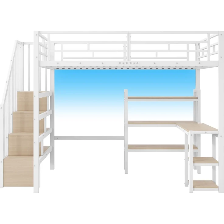 140x200 Metall-Hochbett mit Treppe, integriertem Schreibtisch, Staufächern, USB-Ladestation und LED-Licht, Weiß – Bild 8