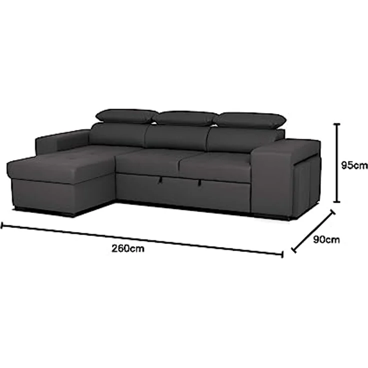 aquinos BUDWING John Eck-Schlafsofa 4-Sitzer – Reversible Chaise Longue, Verstellbare Kopfstützen & 2 Hocker – Polsterung aus Polyester – Modernes Design – 263 x 161 x 96 cm – Schwarz – Bild 2