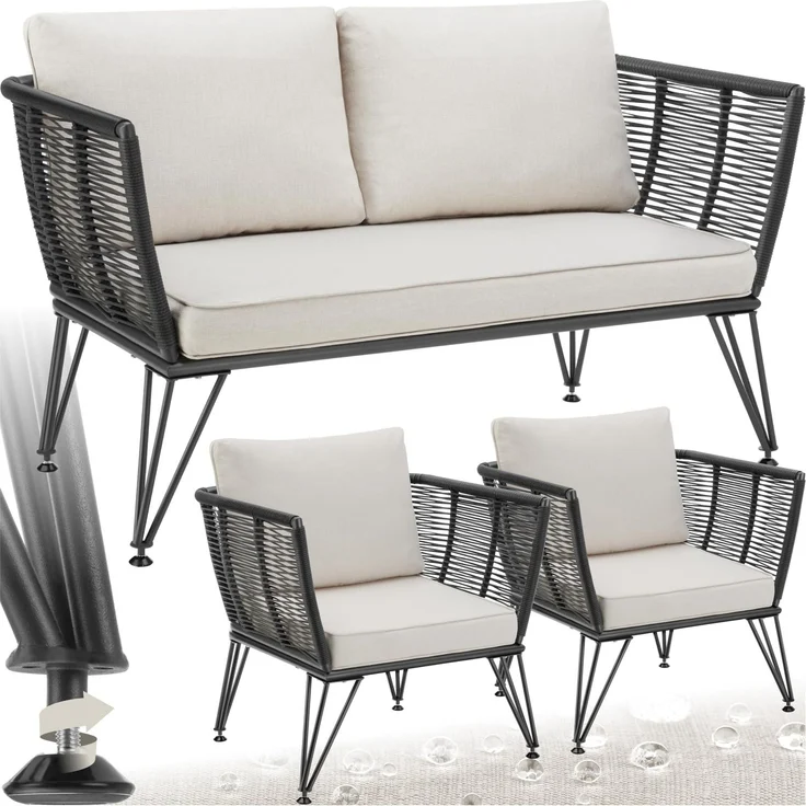tectake® Rattan Lounge Set, mit Sofa und 2er Set Outdoor Sessel, Lounge Möbel Outdoor, Balkon Möbel, Outdoor Möbel, Rattan Gartenmöbel, Outdoor Kissen wetterfest, Wintergarten Balkon Sitzmöbel