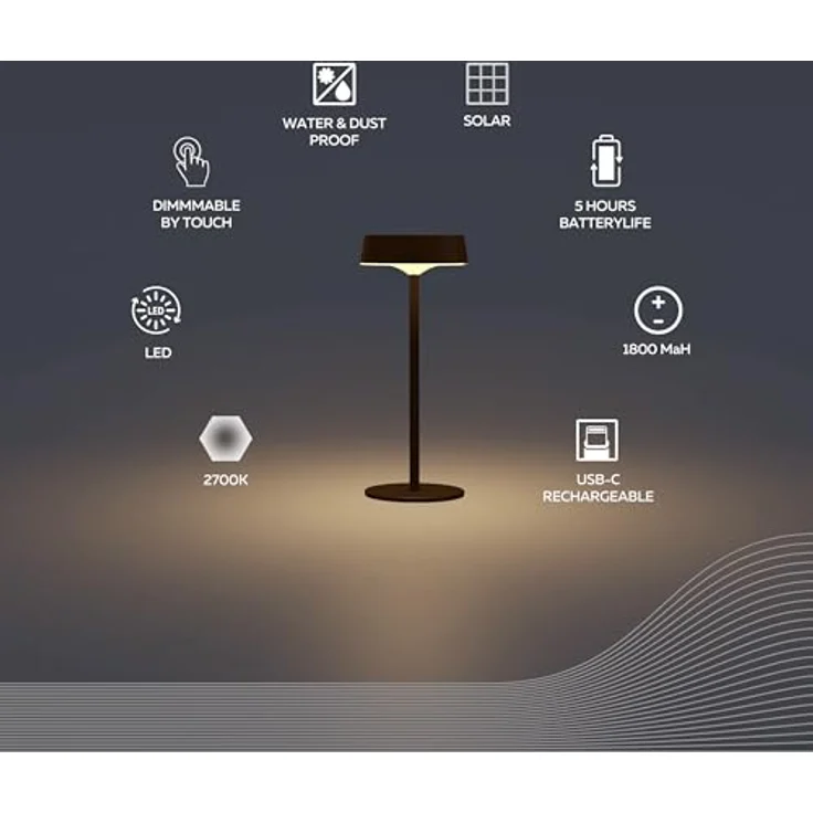 Calex Serino Solar Tischlampe, Kabellose LED-Leuchte mit Touch-Dimmer, IP44 Schutz, Dimmbar, Wiederaufladbar, Schwarz – Bild 2