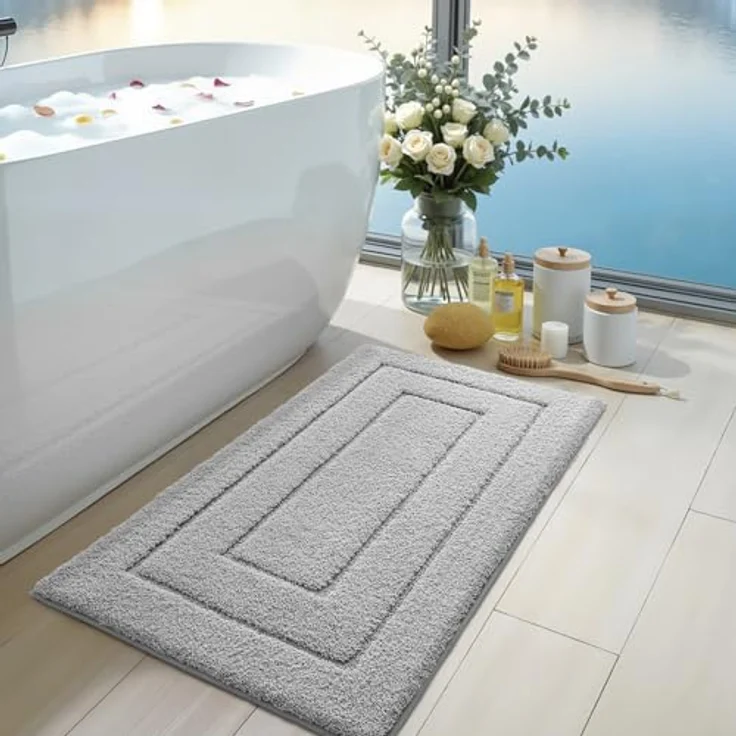 DEXI Badteppich rutschfeste,weicher Badezimmerteppich Wasserabsorbierend Badematte maschinenwaschbar Badvorleger für Dusche,Badewanne und Toilette - Hellgrau,40x60 cm – Bild 4