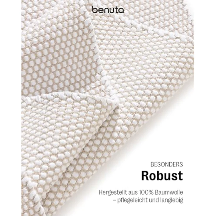 benuta Baumwollteppich, Uni, Weiß, Rechteckig 60x120 cm, Oeko-Tex® Standard 100, für Fußbodenheizung geeignet, Kurzflorteppich – Bild 3