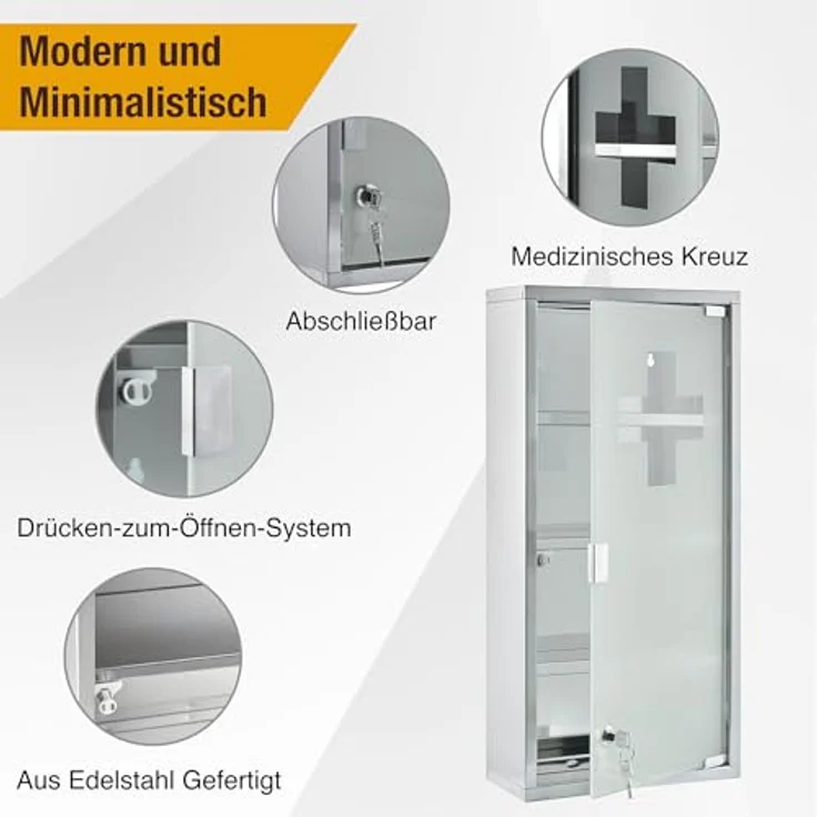 Zedelmaier Medizinschrank aus Edelstahl,Medikamenten Aufbewahrung,Medikamentenschrank 4 Fächer,Apothekerschrank,Hängend,Abschließbarer Medizinschrank,57 x 27 x 12 cm,Weiß – Bild 7