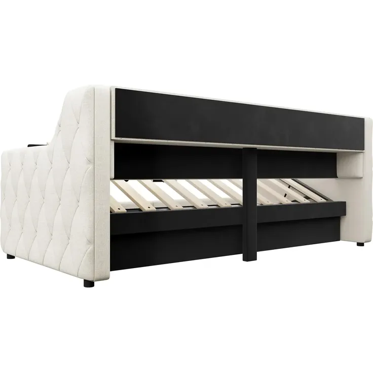 Schlafsofa mit LED-Beleuchtung und Aufbewahrung, Polsterbett mit Lattenrost, 90x200 cm, Einzelbett, Jugendbett, Leinen – Bild 9
