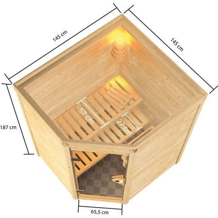 Karibu Ecksauna Antonia + 9kW Saunaofen mit ext. Steuerung Easy – Bild 3