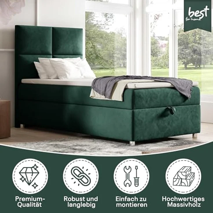 Best for Home Boxspringbett K2 SINGLE mit Bettkasten (Grun 100x200) – Bild 3