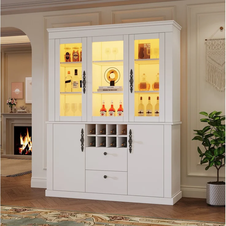 DESVIAE Vitrine mit LED-Beleuchtung und 8 Weinregalen 130x170,5x37,5 cm Spanplatte Glas Weiß – Bild 1
