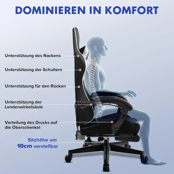 Gaming Stuhl Fußstütze Lendenkissen Kopfkissen 150kg Weiß – Bild 5