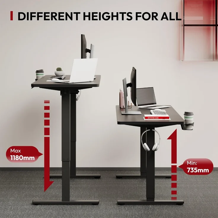 SANODESK Höhenverstellbarer Schreibtisch mit VOLLSTÄNDIGER TISCHPLATTE, 4 Zubehörteilen (Becherhalter, Haken, Aufbewahrungsbox, Kabelmanagement), ergonomisch für Büro und Homeoffice, Schwarz, 110x54CM – Bild 5