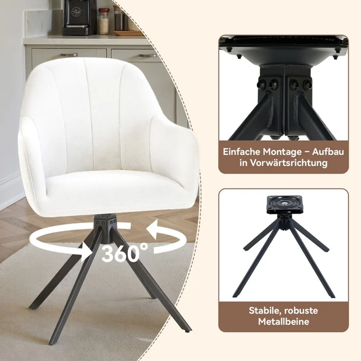 Hawthyhome 4-Fußstuhl Esszimmerstuhl drehbar mit Armlehne, 360° Drehfunktion, Leinenbezug, stabiles schwarzes Metallgestell, moderner Küchenstuhl für Esszimmer, Wohnzimmer, Büro & Homeoffice, Weiß – Bild 4