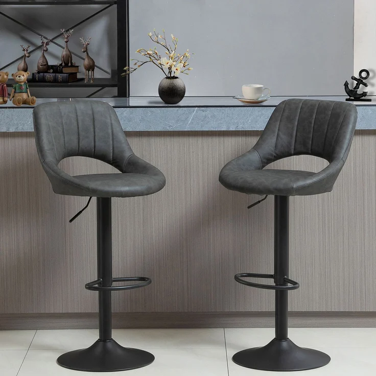 Barhocker 2er-Set, Lederoptik, drehbar, höhenverstellbar, Fußstütze, Metallrahmen, 47 x 52 x 87-109 cm, Grau--Grau--109x47x52cm--YOUDENOVA – Bild 4