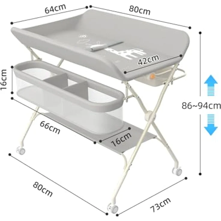 Wickeltisch, zusammenklappbar, mit Aufbewahrungskorb, Struktur aus Eisen, max. Belastung 25 kg, für Neugeborene, ergonomisches Design, Wickeltisch, 75 x 68 x 83–91 cm (A) Grau – Bild 7