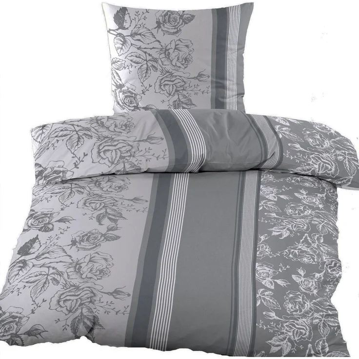 KH-Haushaltshandel Bettwäsche 2-tlg. Baumwoll Biber Winter Bettwäsche 135x200+80x80cm Blüten, Biber, 2 teilig, grau hellgrau, flauschig weiche, warme Winterbettwäsche – Bild 1