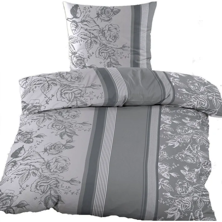 KH-Haushaltshandel Bettwäsche 2-tlg. Baumwoll Biber Winter Bettwäsche 135x200+80x80cm Blüten, Biber, 2 teilig, grau hellgrau, flauschig weiche, warme Winterbettwäsche