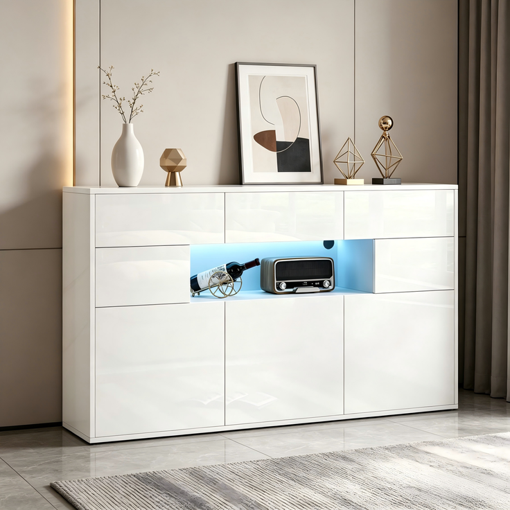 Merax 140*30*82cm Wohnzimmer-Sideboard, mit 3 Schubladen und 5 Schränken,Hochglanz-Kommode Mit LED-Lichtleiste,Schrank 140cm breit,MDF, weiß – Bild 3