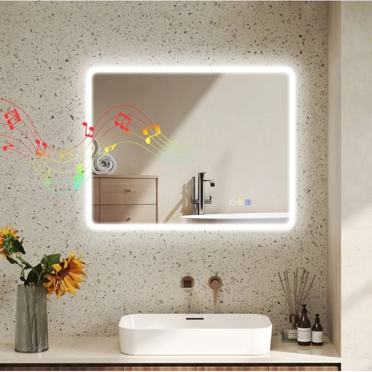 Badezimmerspiegel aus gehärtetem Glas mit LED-Beleuchtung, Bluetooth und Anti-Beschlag, 70x90 cm, Silber