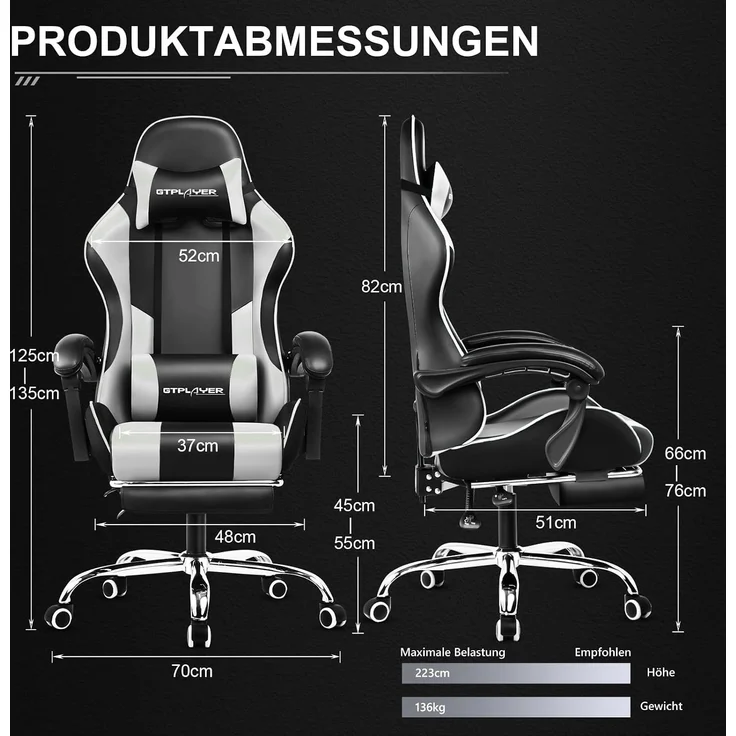 GTPLAYER Bürostuhl Gaming Stuhl Massage Gaming Sessel Ergonomischer Gamer Stuhl mit Fußstütze, Kopfstütze Massage-Lendenkissen, Gepolstert Gaming Chair, Drehsessel Weiß – Bild 7
