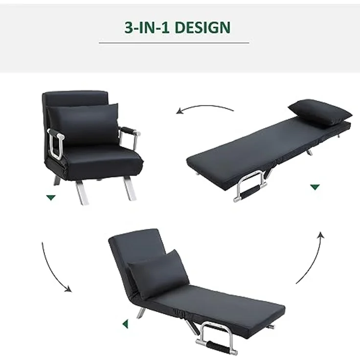 HOMCOM Sessel Schlafsessel mit Armlehne, 2-in-1 Gästebett (Klappbett, 1-St, Schlafsofa), für Wohnzimmer, Schwarz – Bild 5