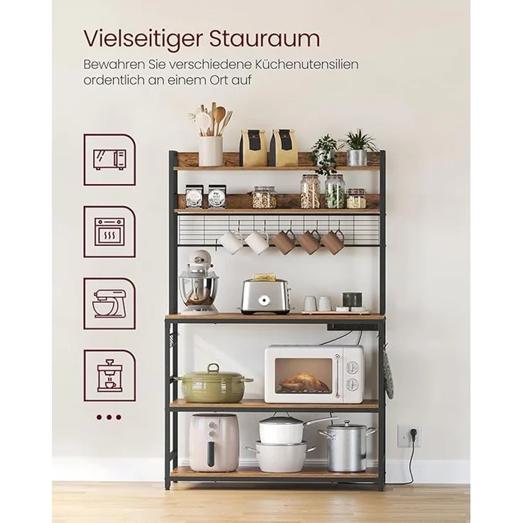 Vasagle Küchenregal mit Steckdosen und 14 Haken, Stahl vintagebraun-schwarz, 40 x 100 x 170 cm – Bild 3