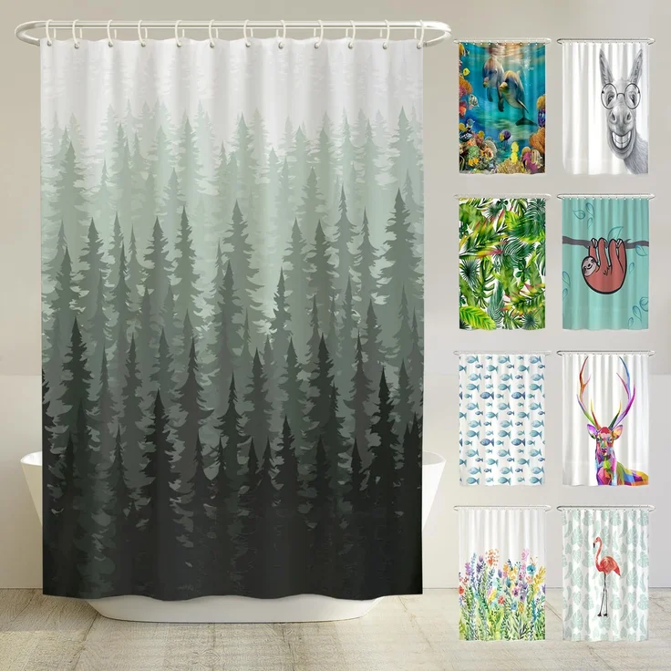 arteneur® - Tannenwald - Anti-Schimmel Duschvorhang 180x200 - Recycelt mit Öko-Tex Standard 100 - Beschwerter Saum, Blickdicht, Wasserdicht, Waschbar, 12 Ringe & E-Book mit Reinigungs-Tipps