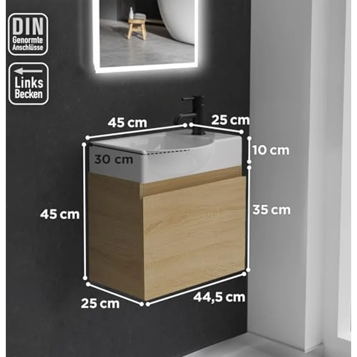 Alpenberger Badmöbel-Set - Gäste WC Waschbecken mit Unterschrank 45 cm Breit, (Badschrank 2-tlg, Waschtisch hängend), Waschbeckenunterschrank mit Softclose - Eiche Hell - Links Becken – Bild 7