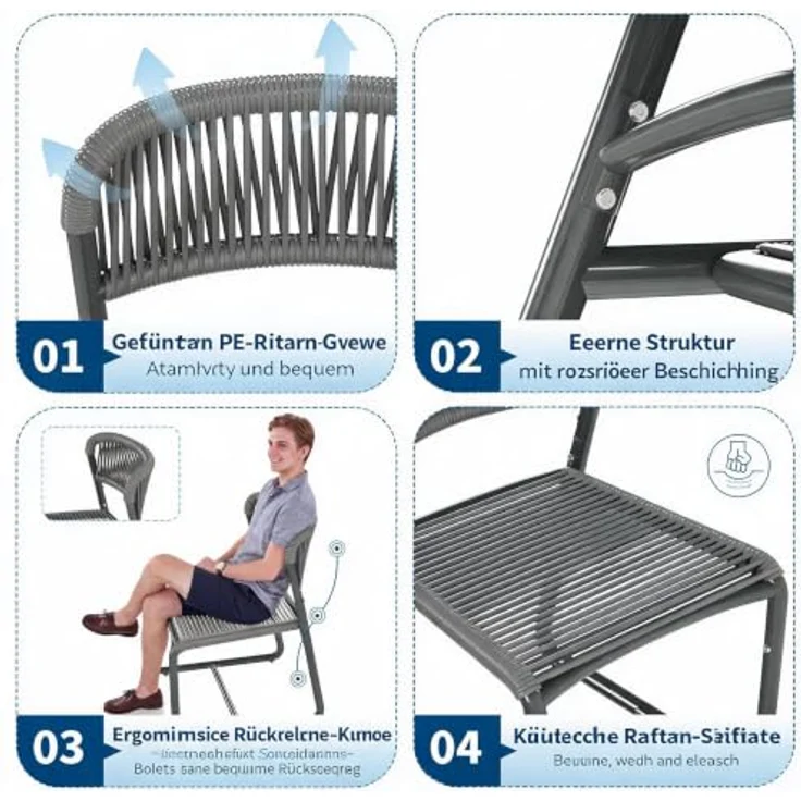 GarveeHome Bistrotisch mit 2 Stühlen, Modernes 3-teiliges Bistro-Set für Garten, Balkonmöbel Set mit 80cm Tisch&2 Stühle aus wetterfestem, Terrassenmöbel Möbel Set für Kleinen Balkon（Grau） – Bild 4