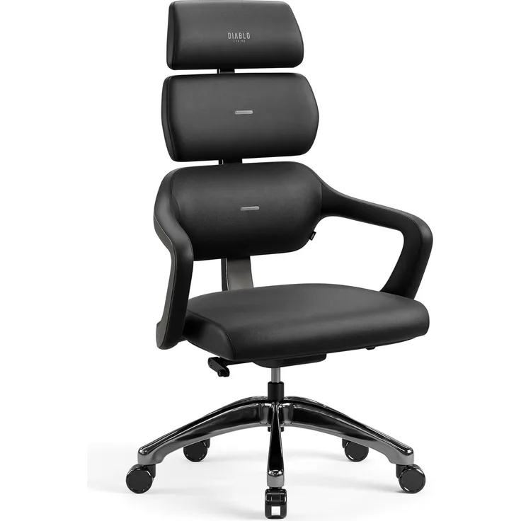 Diablo Bürostuhl Ergonomisch V-Modular | Schreibtischstuhl mit Verstellbarer Rücken, Sitz und Rückenlehne, Abnehmbare Kopfstütze | Öko-Leder Chefsessel für Büro, Home Office | Schwarz