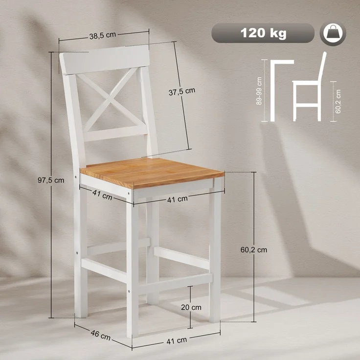 Barhocker 2er Set Barstuhl aus Kiefernholz mit Fußstütze, Lehne, Landhaus-Stil für Küche, Wohnzimmer, Natur--Naturholz--97.5x41x46cm--YOUDENOVA – Bild 5