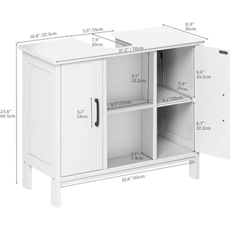 YITAHOME waschbeckenunterschrank mit Zwei geschlossene Schrankelemente, Bad unterschrank 70 cm breit, badezimmerschrank mit offenen Regalen, unterschrank waschbecken, Weiss – Bild 3