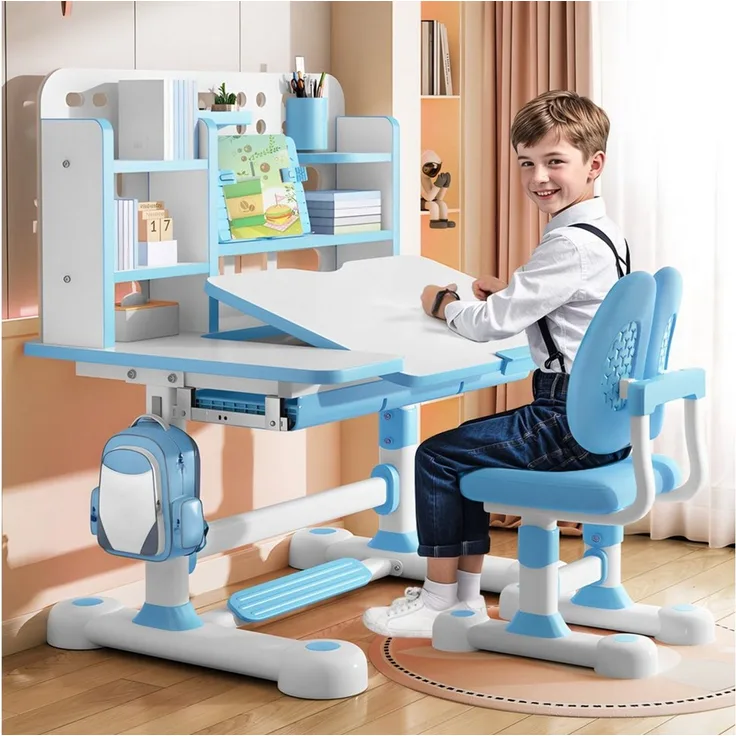 Rutaqian Kinderschreibtisch Kinder-Schreibtisch- und Stuhl-Set,Höhenverstellbar mit Sitzkorrektur (Multifunktionsschreibtisch mit Leseständer,Schublade,Rucksackhaken, 1-St, Ergonomischer Schreibtisch-Stuhl Set,Zonenförmig gestalteter Stauraum), Verstel...