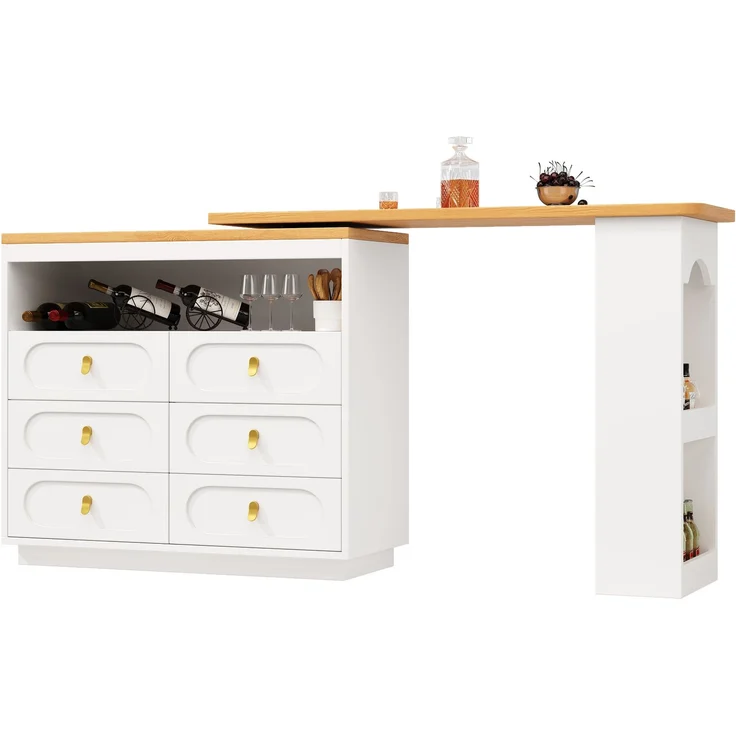 Bartisch ausziehbar mit 360° Drehfunktion, MDF Tischplatte, 6 Schubladen, Stauraumregal,Weiß – Bild 8