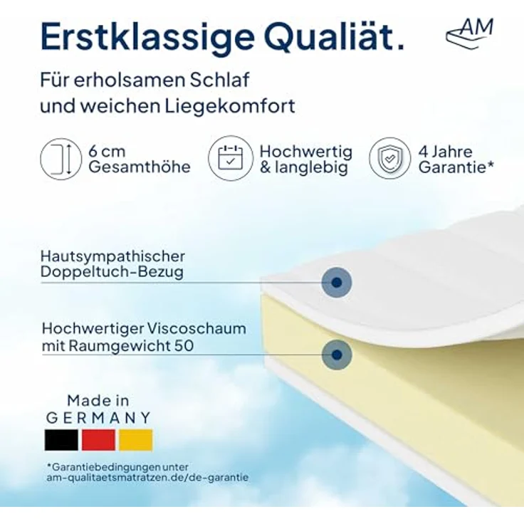 AM Qualitätsmatratzen Visco Topper 180x200cm, Memory Foam H2, Oeko-TEX zertifiziert, waschbarer Bezug, Made in Germany, druckentlastend und klimaregulierend – Bild 3