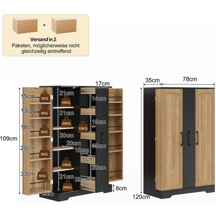 Celya Küchenbuffet Küchenschrank Doppeltürschrank mit 4-stufigem Vertikalauszug (mit Gewürzregal, verstellbaren Regalböden und modernem Design) – Bild 2