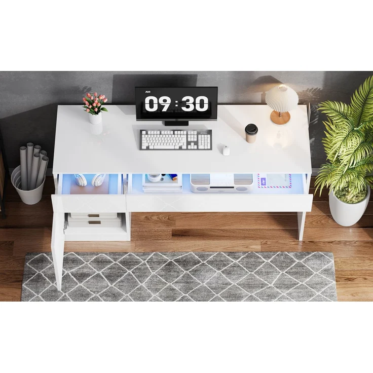 ZUBALIYA Hochglanz Schreibtisch 120 x 50 cm mit LED-Beleuchtung, 2 Schubladen & 1 Tür, großer Computertisch und Schminktisch, Moderner Arbeitsplatz für Homeoffice und Schlafzimmer – Bild 15