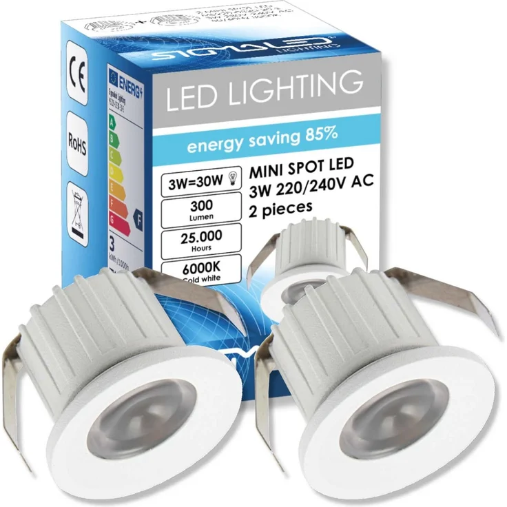 SIGMALED LIGHTING, Mini-LED-Einbaustrahler 3W, dimmbar, Kaltweiß 6000K, 300 Lumen, Runde Einbauspot, 220/240V AC, 2er-Pack (1 Box mit 2 Stuck)