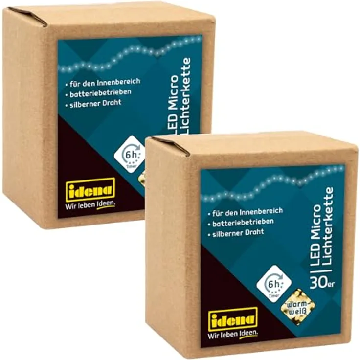 Idena 31824-2 - LED Micro Lichterkette mit 30 LEDs in Warmweiß, 2 Stück, 6 Stunden Timer Funktion, batteriebetrieben, je 3,2 m lang, Deko für Innen, zum Basteln, als Party Deko, Weihnachtsdeko