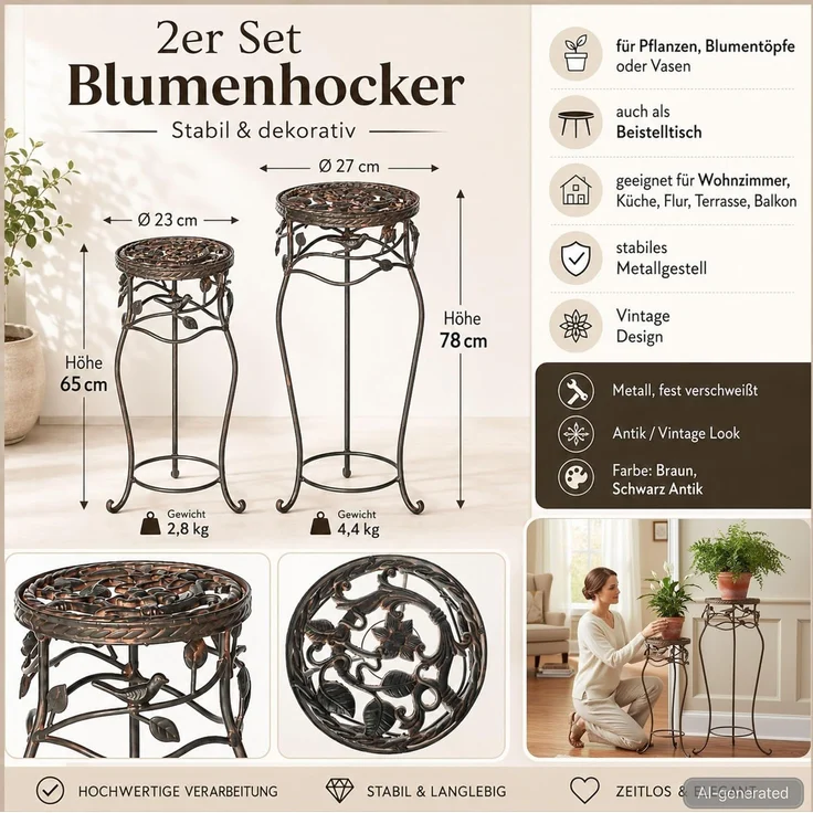 DanDiBo Blumenständer Metall Schwarz /Braun Antik Rund 18215 2er Set 65 cm / 78 cm Pflanzenständer Blumenhocker Beistelltisch Blumensäule Pflanzenhocker – Bild 2