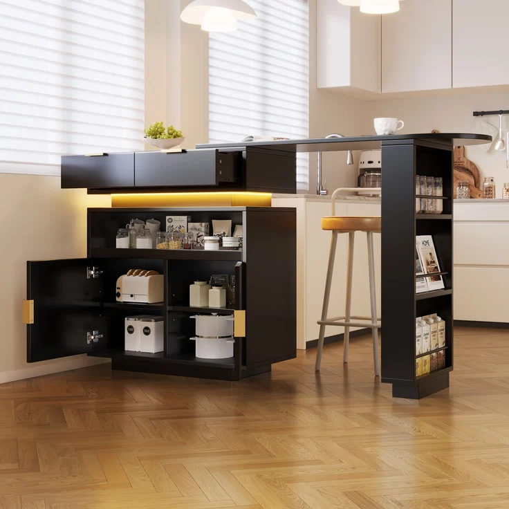 Merax Ausziehbarer Bartisch (115-183 × 40 × 99 cm), ausziehbare Kücheninsel, Bartisch mit Stauraum, LED‑Beleuchtung, 360° Drehfunktion, mobile Kaffeebar, geeignet für Küche und Esszimmer, Schwarz – Bild 5