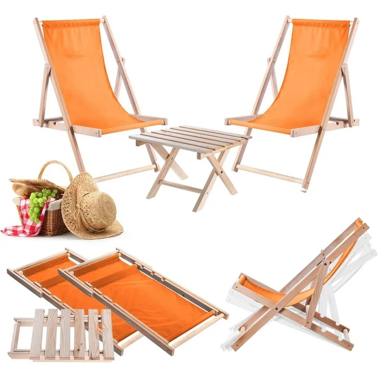 KADAX Set Couchtisch für Liegestühle Natur + 2 Liegestühle aus Holz Orange – Bild 1