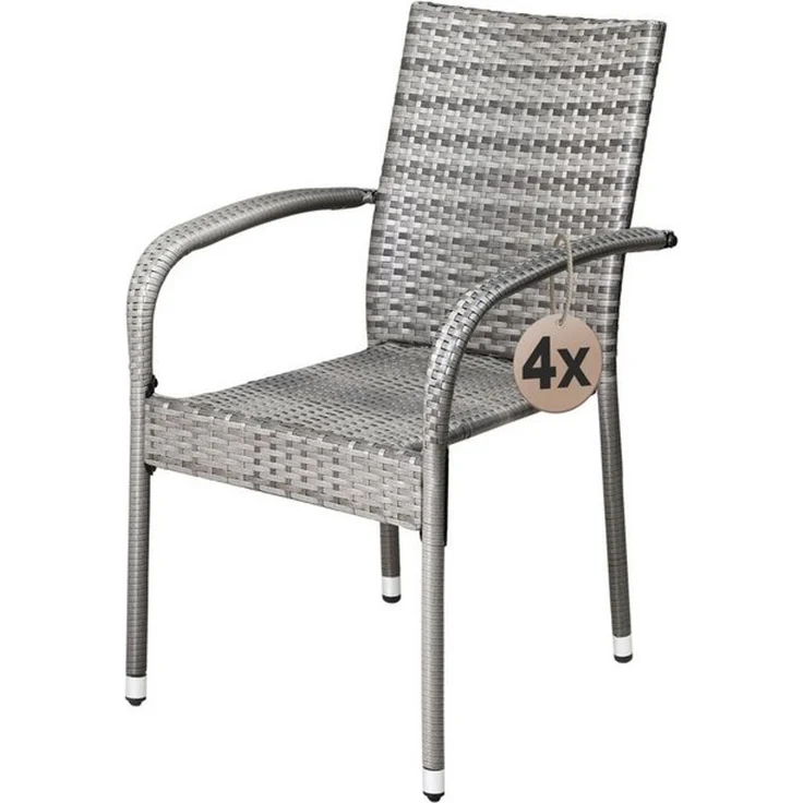 CASARIA 4-tlg. Gartenstuhl-Set, stapelbar & wetterfest, Polyrattan mit Armlehne, bis 160 kg belastbar, Grau – Bild 4
