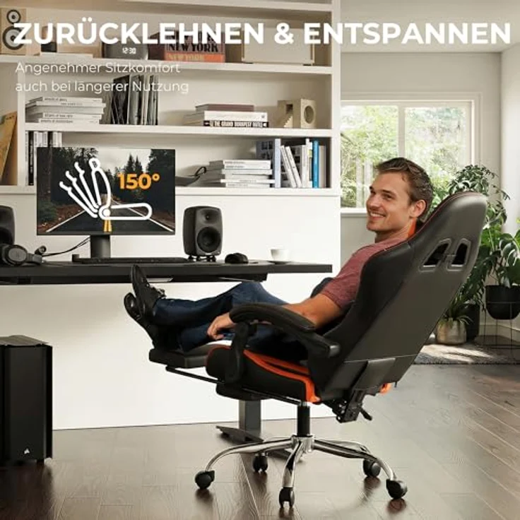 Dowinx Gaming Stuhl, Ergonomischer Gamer Stuhl für Büro und Home Office, Verstellbarer Bürostuhl mit Rückenlehne bis 150°, mit Fußstütze, Belastbar bis 180 kg, Rot – Bild 5