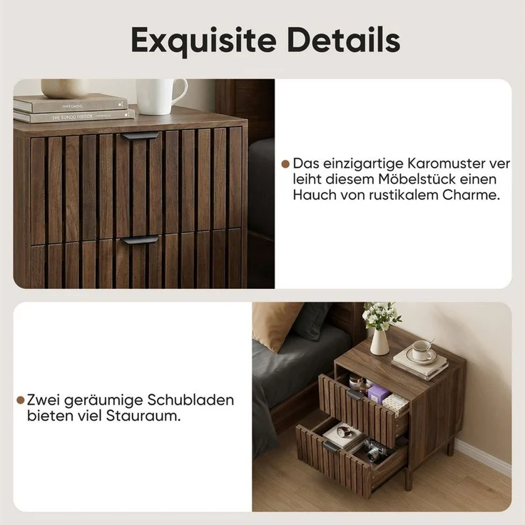 Celya Nachttisch 45 x 39 x 56.5 cm, Lattenrost-Design aus Holz mit zwei Schubladen (1er-set, Schlafzimmer Nachttisch für Schlafzimmer, Flur, Wohnzimmer) – Bild 3