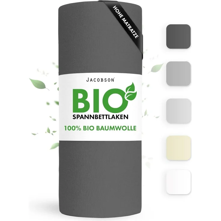 Jacobson Spannbettlaken BIO, Jersey Spannbetttuch, Bettlaken 160 g/m², 100% BIO-Baumwolle, Gummizug: rundum, GOTS zertifiziert – Bild 1
