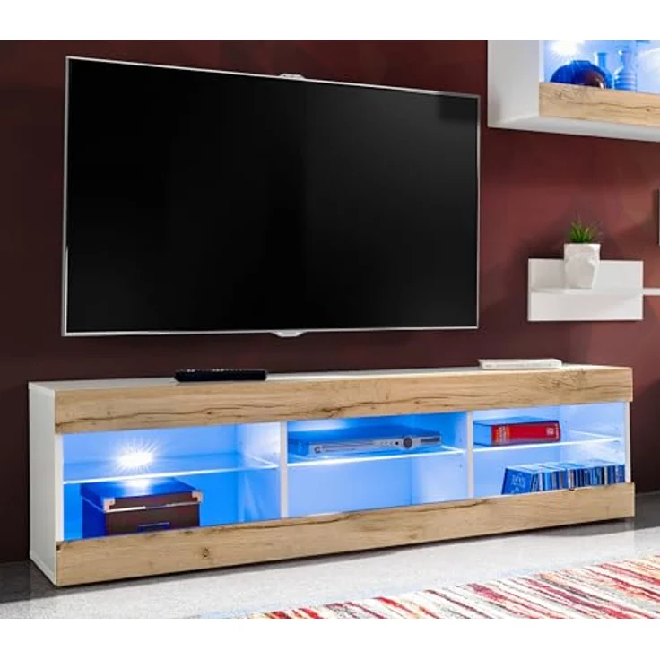 Komodee Wohnzimmerset, Weiß und Eiche Wotan, 9 Fächer, Rechteckig, 250x159x35 cm, Holzwerkstoff – Bild 6