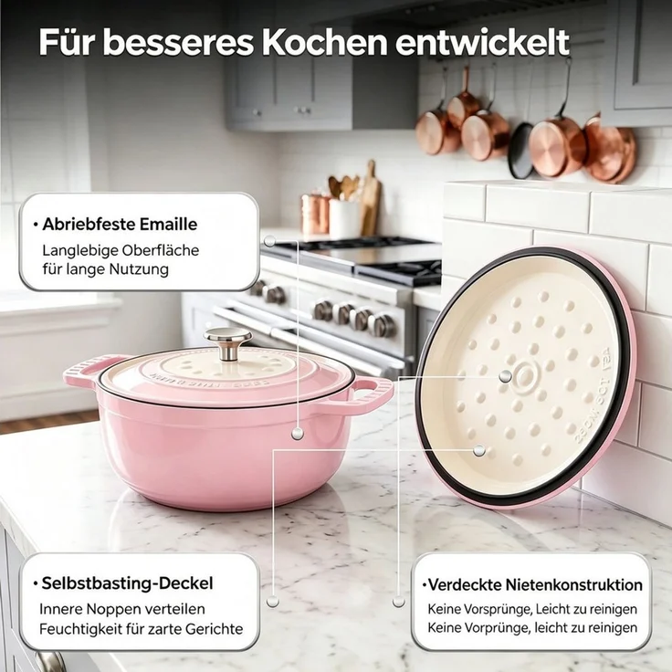 VINGLI Kasserolle Gusseisen Topf Dutch Oven Emaillierter Bräter Schmortopf mit Deckel, (Rund, 5 L), für alle Herdarten & Backofen backfest bis 260 °C – Bild 2