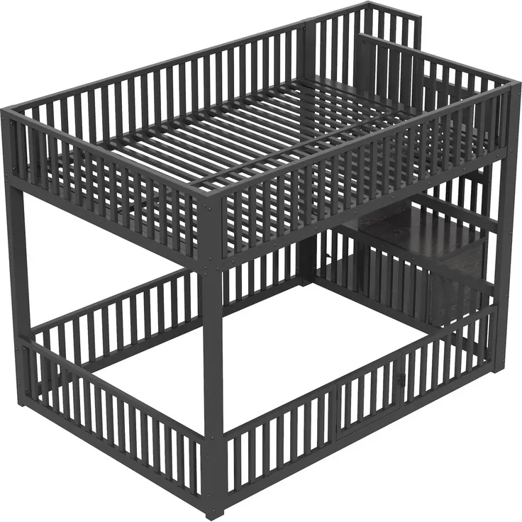 Etagenbett mit 1 Lattenrost, RGB LED-Streifen, Rausfallschutz und Tür, Treppe mit Regal, 140x200 cm, Kinderbett, Metallbett – Bild 7