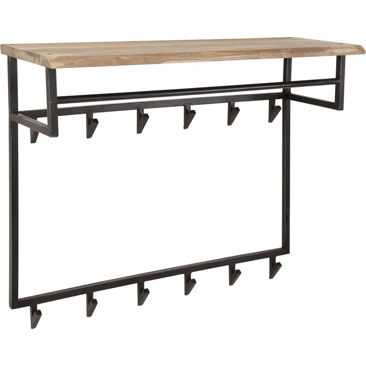 Garderobe Bord aus Akazie massiv, modern industriell, Natur, mit Hutablage, 12 Haken, Stange