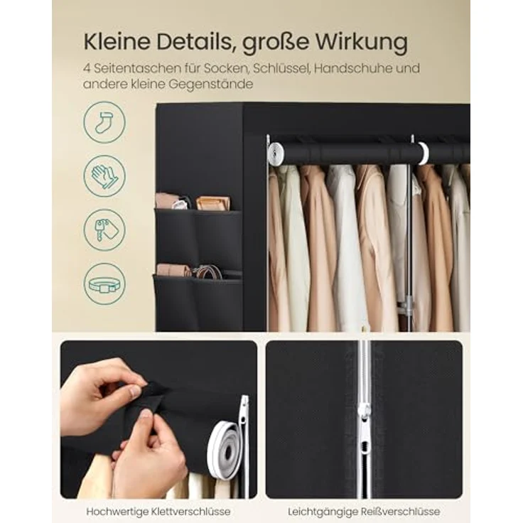 Stoffschrank, Kleiderschrank, geräumig, 45 x 188 x 176 cm, 3 Hängefächer, Ablagen, 4 Seitentaschen, für Schlafzimmer, Wohnzimmer – Bild 8