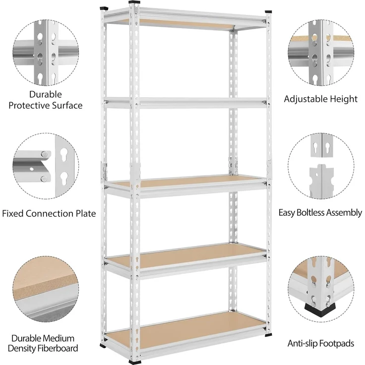 Yaheetech 5-stufiges Lagerregal Schwerlastregal mit verstellbaren Regalböden 75 x 30 x 153 cm Kellerregal Standregal Steckregal je Fach bis 175kg belastbar, Silbern – Bild 4