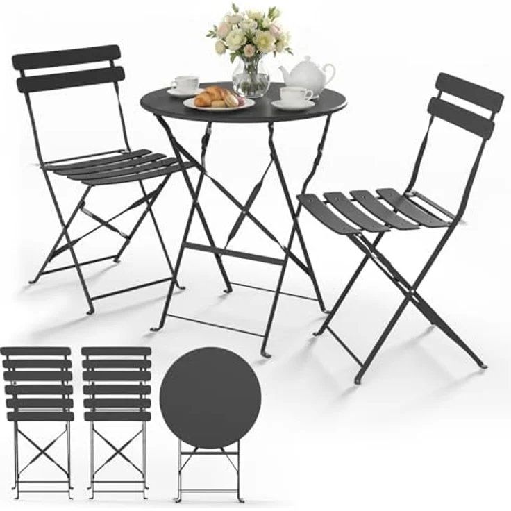VOUNOT® Bistroset 3-teilig, Klappbar Bistrotisch mit 2 Stühlen, Metall Bistro Set Outdoor, Gartenmöbel Set, Sitzgruppe für Balkon, Terrasse, Garten & Wohnraum, UV- und wetterfest, Grau – Bild 1